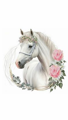 a white horse with flowers around it's neck and manes on its head