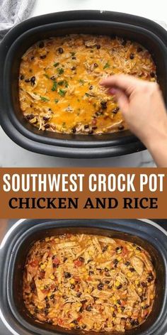 southwest crock pot chicken and rice recipe in the slow cooker with text overlay