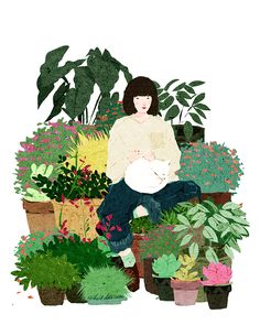 a drawing of a woman sitting on a bench surrounded by potted plants and flowers