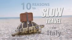 a turtle with a suitcase on it's back and the words 10 reasons to slow travel in italy