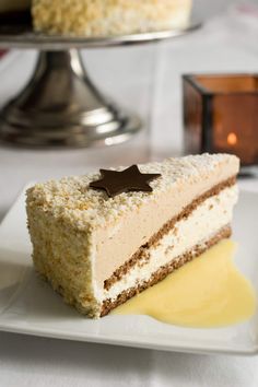 a piece of cake sitting on top of a white plate