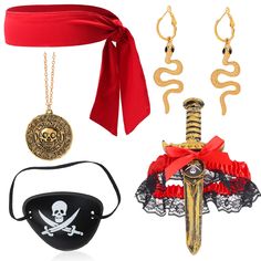 PRICES MAY VARY. Pirate Costume Accessories Set --- 1* pirate headband wrap + 1* pirate one-eye patch + 2* gold snake earrings + 1* pirate skull coin Necklace + 1* pirate plastic dagger with lace thigh wraps, total 6 Pieces Pirate Costume Set. Pirate Headband Wrap --- the headband is made of polyester, soft, breathable and comfortable to wear for a long time. The length is about 105cm(41.34inches), one size fits for most. Pirate Plastic Dagger --- made of high quality plastic, with lace thigh wr Gothic Gold Costume Accessories For Costume Party, Gold Gothic Costume Accessories For Costume Party, Pirate Costume Accessories For Halloween, Pirate Style Halloween Costume Accessories, Gold Costume Accessories For Halloween Cosplay, Adjustable Gold Costume Accessories, Gold Adjustable Costume Accessories For Costume Party, Gold Adjustable Costume Accessories For Party, Steampunk Costume Accessories For Cosplay In Gold