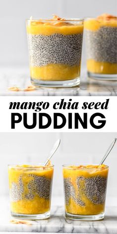 mango chia seed pudding in small glass bowls with spoons on the side and text overlay reading mango chia seed pudding