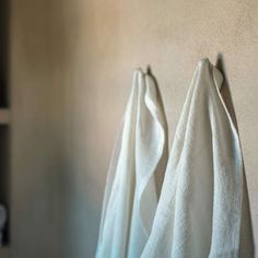 two white towels are hanging on the wall