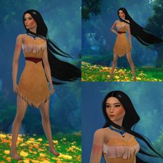 an animated image of a woman with long black hair wearing a brown and tan dress