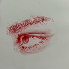 a pencil drawing of an eye with long lashes and red eyeshade is shown