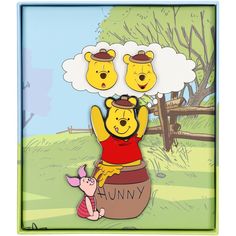 winnie the pooh and piglet are sitting on a barrel with clouds above them