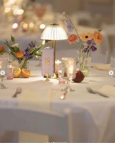 the table is set with flowers and candles