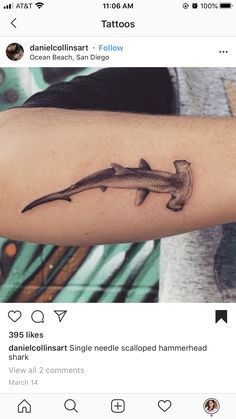 a small shark tattoo on the arm