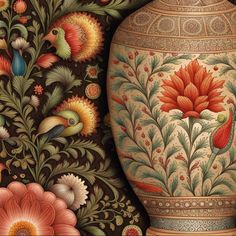 an ornate vase with flowers and birds painted on the wall next to other floral designs