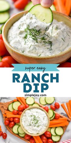 a hand dipping ranch dip into a bowl filled with cucumbers and carrots