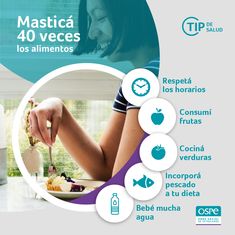 a woman eating food from a plate on top of a table with the words mastica 40 veces los alimentoos