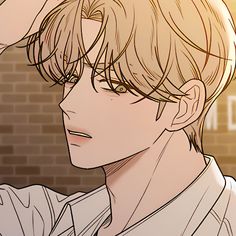 an anime character with blonde hair and brown eyes wearing a white shirt in front of a brick wall