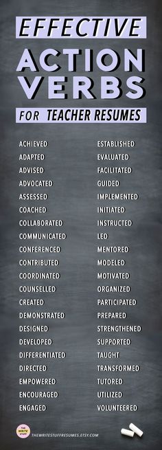 the effective action verbs for teacher resumes on a chalkboard with pencils