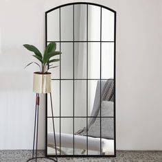 a large mirror sitting on top of a floor next to a plant in a vase