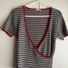 Urbanoutfitters Rainbow Knitted Croptop*Neverworn* Size : L Never Worn Knitted ** Closet Clean Out ** Discounting On Bundles Retro Knitted V-neck Tops, Knit V-neck Crop Top For Day Out, Casual Striped Pointelle Knit Tops, Textured Knit V-neck Top For Day Out, Trendy Multicolor Short Sleeve Knit Top, V-neck Textured Knit Top For Day Out, V-neck Textured Knit Tops, Multicolor Knit V-neck Top, Retro Textured Knit Spring Tops