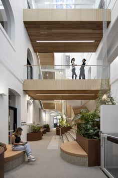 two people are sitting on the stairs in an office building with planters and potted plants