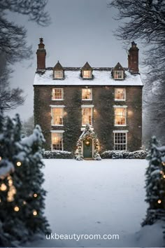 a large house covered in snow with christmas lights on the windows and trees around it