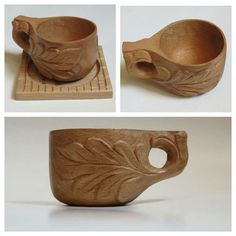 three different views of a wooden bowl with leaves on the inside and in the outside