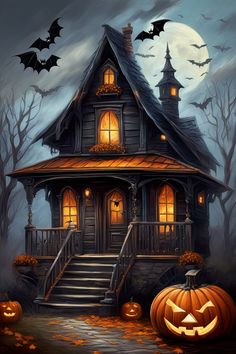 a halloween house with pumpkins and bats