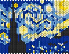 the starry night has been made out of legos and is blue with yellow stars