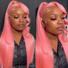 HAIR TEXTURE 100% Virgin Hair from One Donor DENSITY& LENGTH 180% 250% Density; 14"- 32" Mixed Length Frontal Wig LACE Transparent HD 13x4 Lace Frontal WIG CAP 22.5 inches, Standard Medium Size. With Adjustable Straps At Back. (S or L size?custom fee pls contact customer service) FEATURES Baby Hair Around, Can be Restyled SHIPPING TIME Customized Unit Will Be Shipped Out in 3-4 Work Days After Order Confirmation(deepwave needs 2 more) DELIVERY TIME 2-4 Work Days (North America), 4-7 Work Days (O Pink Wigs For Black Women, Bone Straight Wig, Pink Wigs, Wig Colors, Long Human Hair Wigs, Birthday Hairstyles, Blonde Lace Front Wigs, Pink Wig, Red Wigs