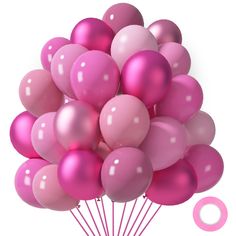 a bunch of pink balloons are in the shape of a tree on a white background