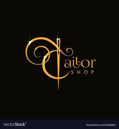 the tailor shop logo on black background with gold letters and sparkles in the corner