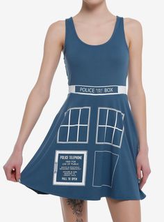 Time travel can take its toll on your body! Stay comfy and flexible in this athletic dress inspired by Doctor Who. It's made to look like a TARDIS  and comes with a built-in bike shorts and pockets. 95% polyester; 5% spandexWash cold; dry lowShorts attached to skirtImportedListed in women's sizesModel is 5'10"Model wears size Small Fitted Knee-length Summer Activewear, Doctor Who Dress, Tardis Dress, Doctor Dress, Doctor Who Tardis, Loungewear Dresses, Her Universe, Athletic Dress, Hoodie Girl