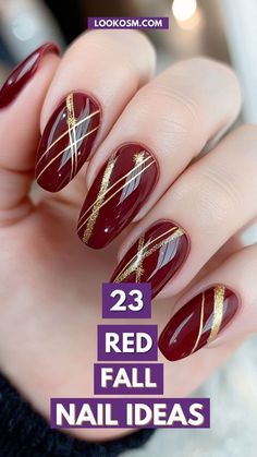 Red And Gold Tips Nails, Red Combo Nails, Autumn Red Nails Design, Silver And Red Nails Ideas, Fall Dark Red Nails, Scarlet Nails Design, Fall Nail Designs Maroon, Burgundy Christmas Nails Acrylic, Glitter Fall Nail Designs