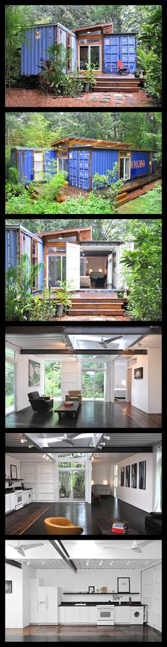 four different views of the inside of a house with trees and bushes on each side