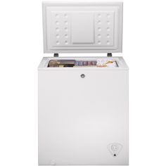 a white chest freezer with the lid open