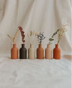 five vases with flowers in them on a white cloth covered surface, all lined up side by side