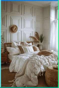 an unmade bed with white sheets and pillows in a room next to a window