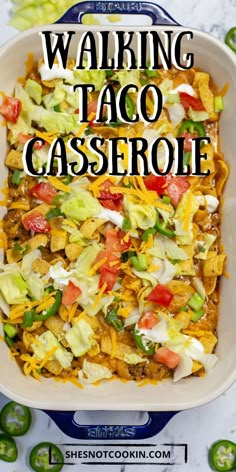 Walking taco casserole in blue and white baking dish with text overlay. Walking Taco Casserole, Walking Taco, Walking Tacos, Beef Casserole Recipes, Taco Casserole, Ground Beef Recipes For Dinner, Mexican Food Recipes Easy, Recipes For Dinner, Easy Casserole Recipes