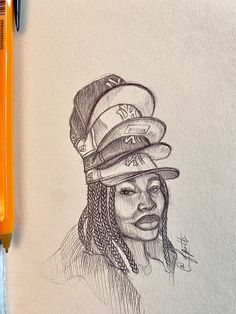 a pencil drawing of a woman with braids and a hat on top of her head