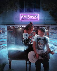 two people standing in front of a piano and holding guitars, with the neon sign above them