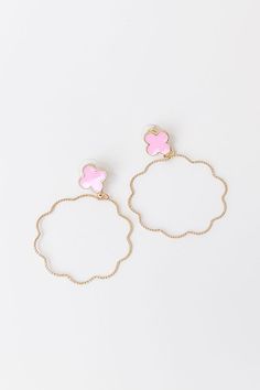 - Brunch ready style has arrived with these adorable earrings! - Gold colored metal material - Pink hued quatrefoil studs with post backs - Dangling twist textured scalloped hoops Pink Small Hoop Earrings In Cute Style, Cute Small Hoop Pink Jewelry, Cute Pink Metal Earrings, Pink Metal Earrings For Spring, Unique Everyday Pink Earrings, Pink Hoop Flower Earrings For Pierced Ears, Fun Pink Earrings For Vacation, Pink Small Hoop Metal Jewelry, Pink Small Hoop Metal Earrings