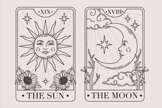 two tarot cards with the sun and the moon on them, in black and white