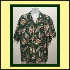 "Vintage reproduction 1950s rayon Hawaiian shirt  1950s vintage reproduction rayon Hawaiian shirt with a pointed loop collar, four button down front and short sleeves. The rayon fabric has a green base color with images of a surfers and surfboard's in white, red, blue, yellow, green and black. The shirt is in vintage condition with general wear. Please see picture above showing wear on collar. Please see measurements for proper fit as shirt has no size label. measures as a large MEASUREMENTS: (A Green Hawaiian Button-up Shirt, Classic Green Collared Short Sleeve Shirt, Green Hawaiian Short Sleeve Shirt With Print, Green Hawaiian Printed Short Sleeve Shirt, Green Collared Short Sleeve Beach Shirt, Green Classic Short Sleeve Shirt With Camp Collar, Classic Green Short Sleeve Shirt With Camp Collar, Fitted Green Button-up Short Sleeve Shirt, Fitted Green Collared Camp Shirt