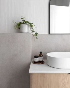 a white sink sitting next to a wooden counter top under a mirror and potted plant