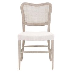 an upholstered dining chair with a white fabric seat and back, on a white background