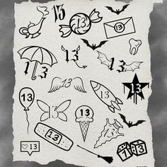 an old paper with some black and white drawings on it, including numbers and bats