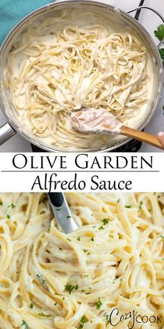 two pictures showing different types of alfredo sauce and how to cook them in the same pan