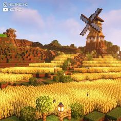 Minecraft Minecraft Farm With Windmill, Minecraft Wheat Field Aesthetic, Wheat Fields Minecraft, Minecraft Farm On Hill, Farm Land Minecraft, Farm Field Minecraft, Minecraft Farm Field Ideas, Wheat Farm Minecraft Aesthetic, Farm Inspo Minecraft