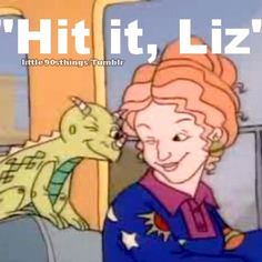 an animated image of a woman sitting next to a cat with caption that reads, hit it, liz