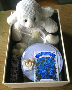 a white stuffed animal sitting in a box next to a plate with blue berries on it