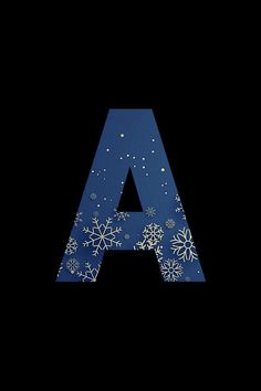 the letter a is made up of snowflakes and stars on a black background