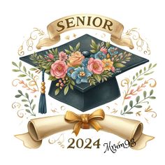 a graduation cap with flowers on it and scroll around the edge that says senior 2021