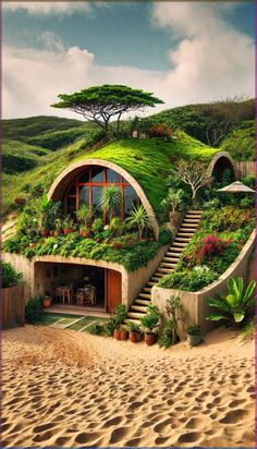 an unusual house with plants growing on it's roof and steps leading up to the second floor